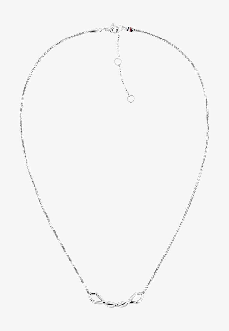 Collier en argent avec une chaîne élégante et flexible et un pendentif infini central. Comprend un fermoir mousqueton et une chaîne d'extension ajustable.