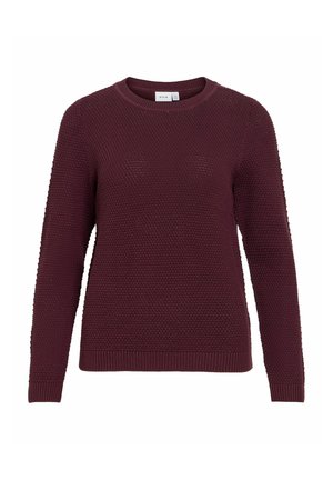 Mørk lilla strikket genser med lange ermer, rund hals og teksturert mønster, vist på hvit bakgrunn.