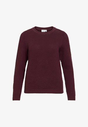 Mørk lilla strikket genser med lange ermer, rund hals og teksturert mønster, vist på hvit bakgrunn.