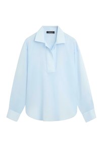 Light blue long-sleeve blouse with open collar, hidden placket, and buttoned cuffs, displayed on a white background.