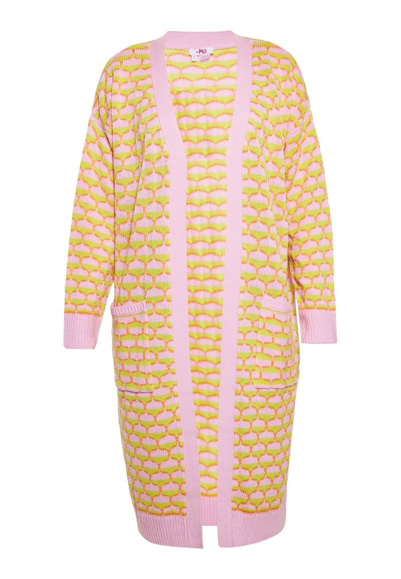 Rausvų tonų megztas kardiganas su geltonu ir oranžiniu raštu. Turi ilgą dizainą, atvirą priekį ir dvi priekines kišenes. Minkšta tekstūra.