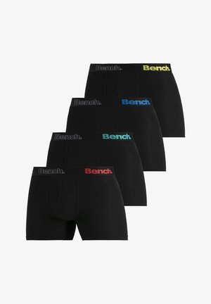 Schwarze Boxershorts mit enger Passform und einem Logo-Bund in Rot und Grau. Glatte Textur und mittellange Beine.