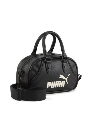 Svart läderhandväska med dubbla handtag, zip-stängning och avtagbar rem. Har vit "PUMA"-logotyp och design av en hoppande puma-siluett.