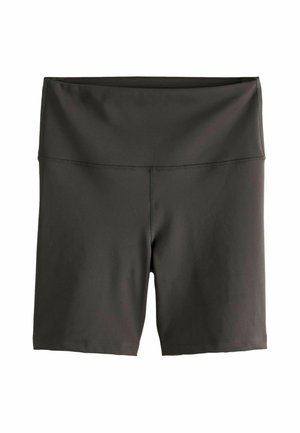 Donkergrijze sportshorts, gemaakt van rekbare stof, hebben een hoge tailleband en een naadloos ontwerp voor comfort en bewegingsvrijheid.