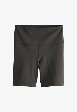 Temno sivi športni kratki hlače, izdelane iz raztegljive tkanine, imajo visok pas in brezšivno zasnovo za udobje in svobodo gibanja.