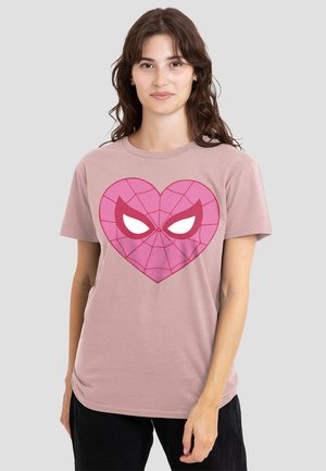 Light pink cotton t-shirt featuring a large red and pink Spider-Man mask in a heart shape. Short sleeves and a round neckline.