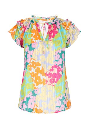Blouse à manches courtes avec épaules volantées, motif floral multicolore en orange, rose, jaune, vert et bleu, et encolure goutte d'eau avec un lien.