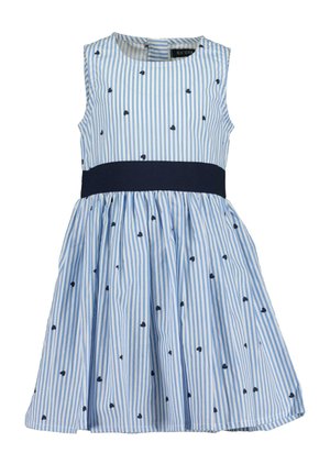 Blauwe en witte gestreepte jurk met mouwloos ontwerp, marineblauwe tailleband en kleine marineblauwe hartjespatronen door de rok.