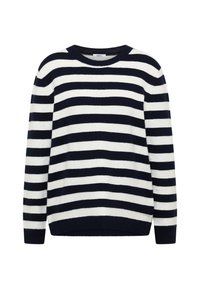 Gestreifter Pullover in Marineblau und Weiß, gefertigt aus weichem Material, mit Rundhalsausschnitt sowie gerippten Bündchen an Ärmeln und Saum.