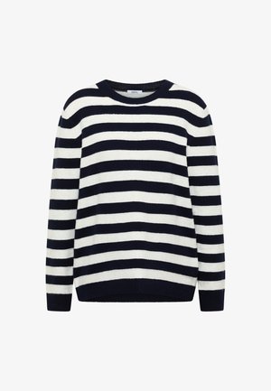 Gestreepte trui in marineblauw en wit, gemaakt van zacht materiaal, met een ronde hals en geribbelde manchetten en zoom.