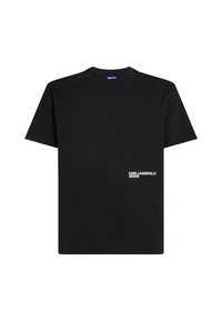 Fekete pamut póló rövid ujjakkal. Bal oldalon egy kis fehér logó felirat található: "KARL LAGERFELD JEANS". Klasszikus kerek nyakú kialakítás.