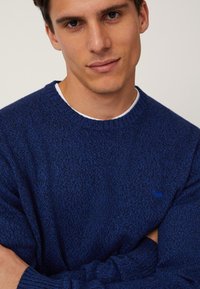 Maglione azzurro lavorato a maglia con scollo rotondo e polsi a costine, dotato di un piccolo logo blu sul petto. Tessuto morbido e vestibilità casual.