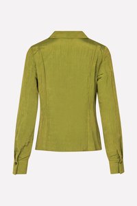 Green long-sleeve shirt with a collar, textured fabric, slim fit, and buttoned cuffs. Back view displays a clean and simple design.