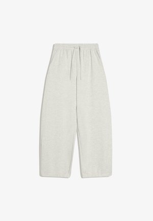 Pantaloni de trening gri deschis, lejeri, confecționați dintr-un amestec moale de bumbac, cu talie elastică și șnur ajustabil și buzunare laterale.