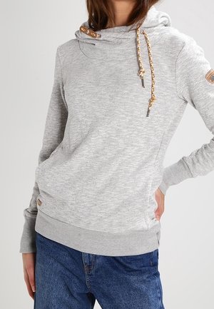 Gray hooded sweatshirt with a textured fabric, featuring a double-layered hood, metal eyelets, and decorative drawstrings.