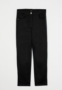 Svarta denimbyxor med rak passform, med normal midja, fem fickor och knappförslutning framtill. Slät textur, inga synliga mönster.