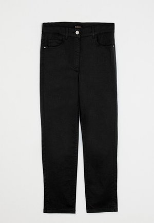 Pantaloni in denim nero con taglio dritto, caratterizzati da una vita media, cinque tasche e chiusura con bottone frontale. Texture liscia, senza motivi visibili.