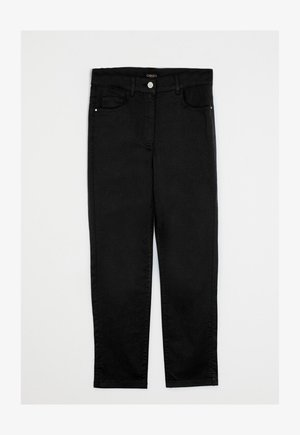 Black denim pants with a straight cut, featuring a mid-rise waist, five pockets, and a front button closure. Smooth texture, no visible patterns.