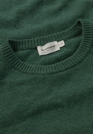 Grüner Wollpullover mit einem gerippten Rundhalsausschnitt, versehen mit einem hessnatur-Label, weichem Material und einem leicht melierten Finish.