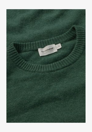 Grüner Wollpullover mit einem gerippten Rundhalsausschnitt, versehen mit einem hessnatur-Label, weichem Material und einem leicht melierten Finish.