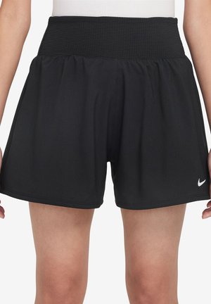 Svarte treningsshorts med en bred, teksturert midjebånd, løs passform og glatt stoff. Har en liten hvit Nike-logo på den nedre kanten.