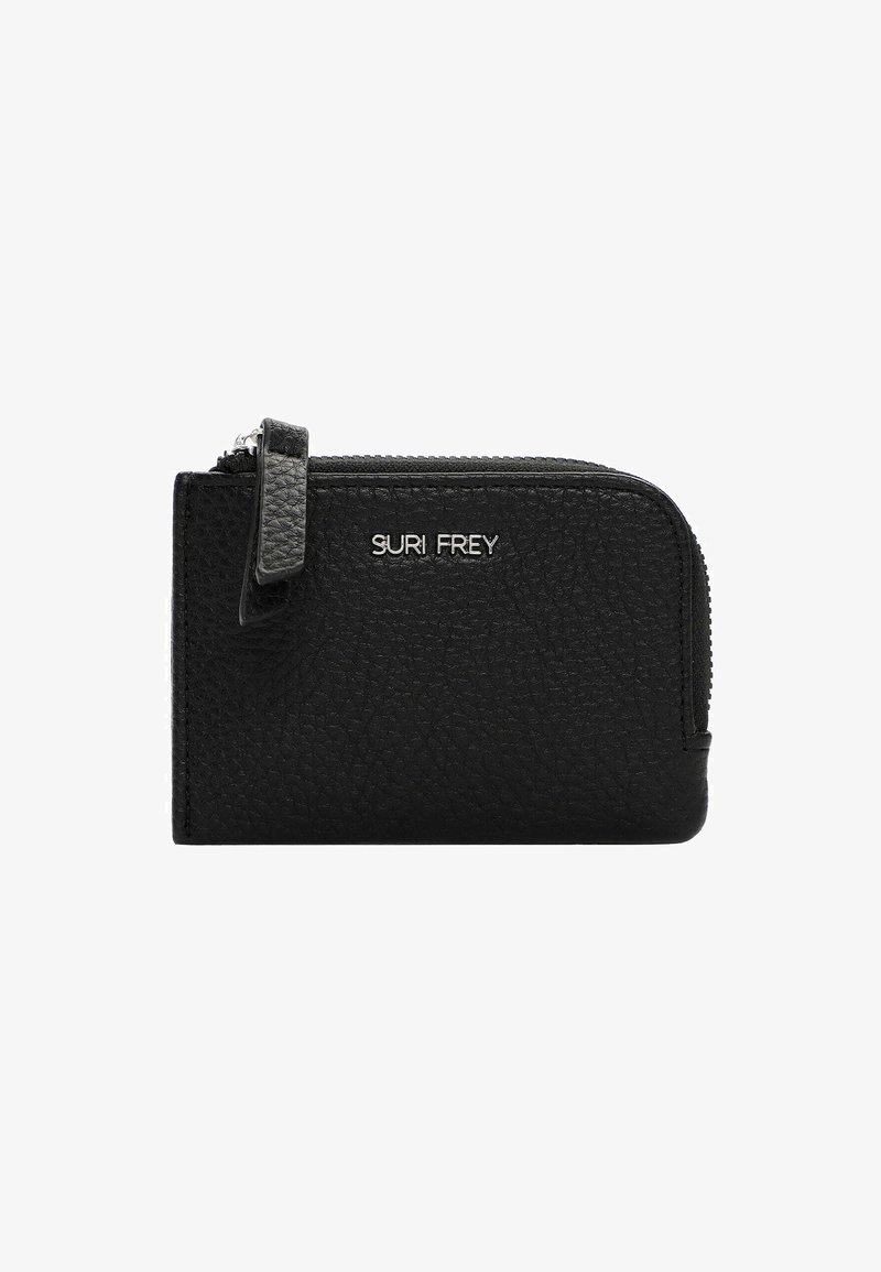 Black textured leather zippered wallet with a pull tab and silver "SURI FREY" logo on the front.