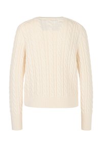 Cable-knit sweater in cream, featuring a ribbed neckline and cuffs, long sleeves, and a textured pattern throughout.