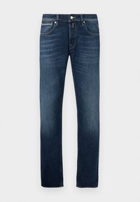 Dark blue straight-leg jeans with slight fading on thighs, five pockets, and a metal button closure at the waist.