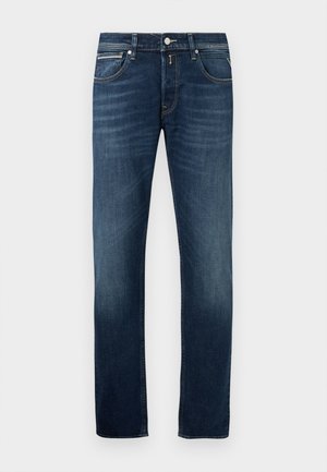Dunkelblaue Gerade geschnittene Jeans mit leichter Ausbleichung an den Oberschenkeln, fünf Taschen und einem metallenen Knopfverschluss an der Taille.