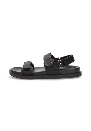 Sandalias de cuero negro con dos correas ajustables y un upper texturizado, con una suela de goma plana y un diseño minimalista.
