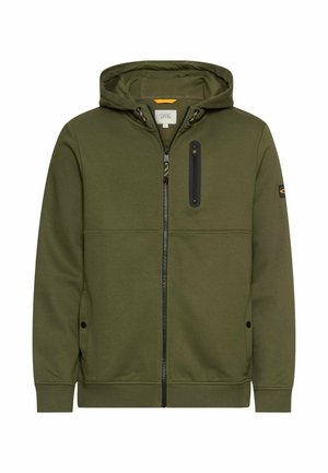 Olive green zip-up hoodie featuring a front zipper, side pockets, and a hood, designed for casual wear.