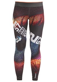 Leggings neri con motivi astratti colorati, dotati di grafiche testuali e design aderente. Realizzati in materiale elastico e leggero.