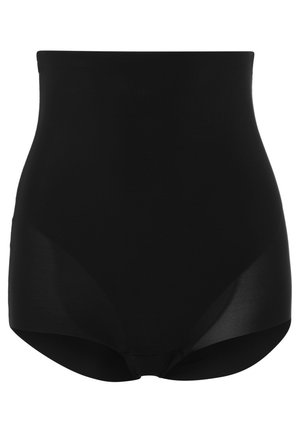 Black high-waisted shapewear made of smooth fabric. Features a seamless design with a fitted waistband and a subtle sheen.