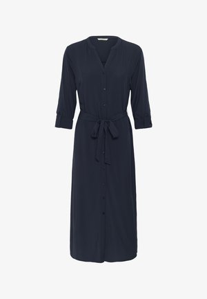 Tumesinist nööpidega kleit, millel on V-kaelus, kolmveerand varrukad ja vöö, mis on seotud taljest, valmistatud siledast kangast.