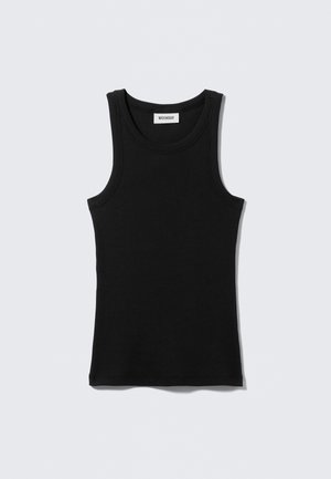 Débardeur en coton noir avec un col arrondi, de larges bretelles et une silhouette ajustée. Présente l'étiquette de la marque en blanc.