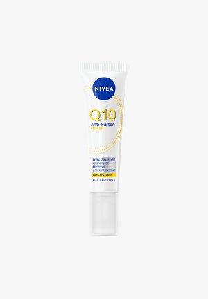 NIVEA Q10 Anti-Falten Power eye cream tube with Glycostop for extra firming, suitable for all skin types, white packaging with blue and yellow text.