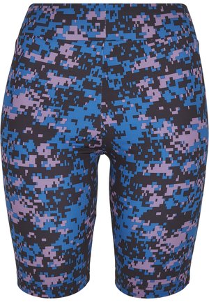 Høyt midjede sykkelshorts laget av stretchstoff med et digitalt kamuflasjemønster i blått, lilla og svart med en glatt tekstur.