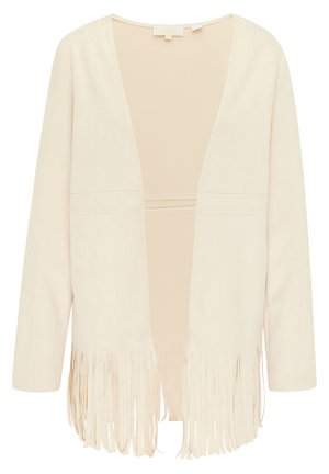 Cardigan bej, din suede sintetic, cu guler în V, deschis în față și mâneci lungi. Prezintă detalii din fringe pe margine.