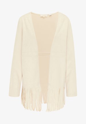 Cardigan de ante sintético color crema, con escote en V, frontal abierto y mangas largas. Presenta detalles de flecos a lo largo del dobladillo.