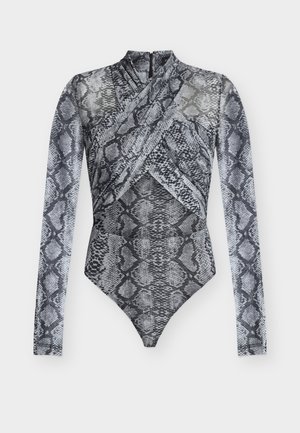 Long-sleeve bodysuit in black and gray snake print. Features a wrap design and high neck with a zip closure at the back.