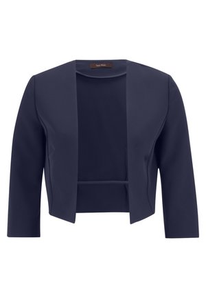 Blazer cropped bleu marine en tissu lisse, avec fermeture à un bouton et manches trois-quarts. Silhouette épurée et ajustée.