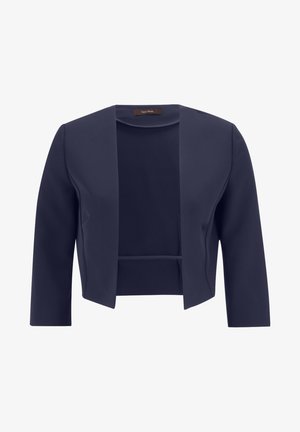 Blazer cropped bleu marine en tissu lisse, avec fermeture à un bouton et manches trois-quarts. Silhouette épurée et ajustée.