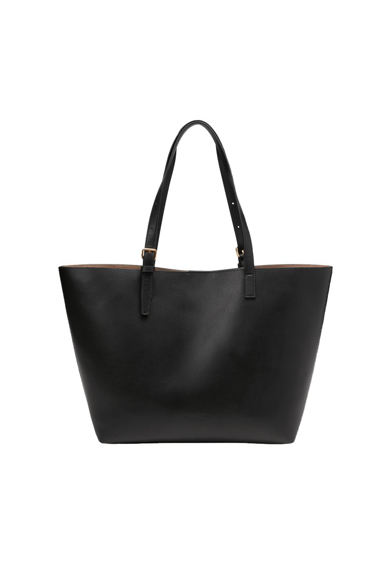 Borsa a tracolla in pelle nera con due spallacci, apertura superiore ampia e texture liscia. Presenta dettagli in metallo dorato.