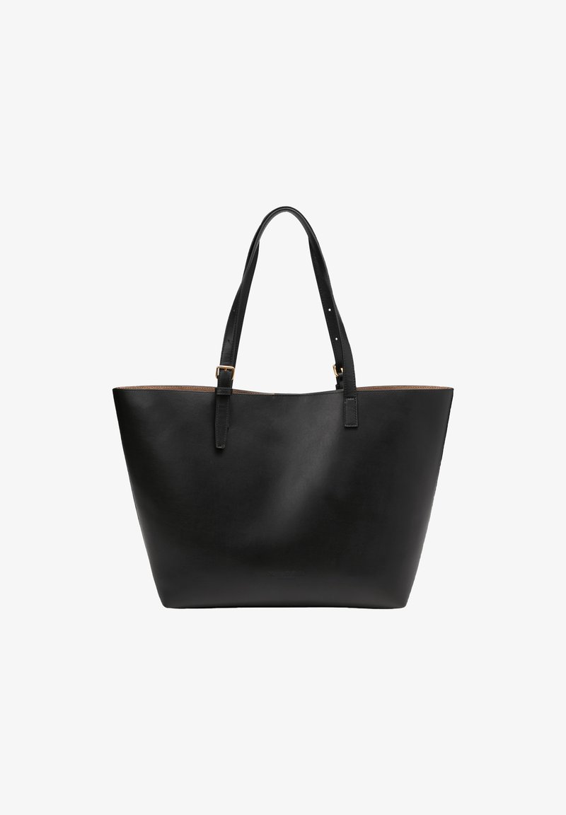 Borsa a tracolla in pelle nera con due spallacci, apertura superiore ampia e texture liscia. Presenta dettagli in metallo dorato.