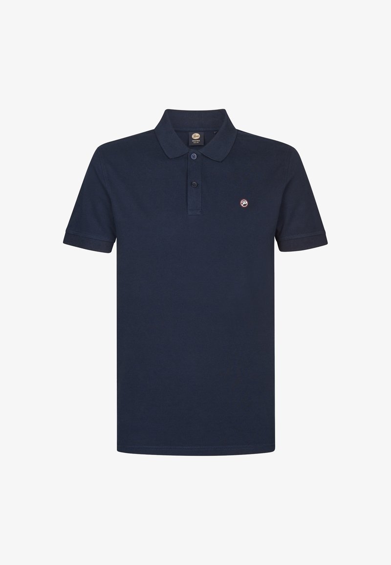 Polo bleu marine à manches courtes avec deux boutons et petit logo brodé sur le côté gauche de la poitrine.