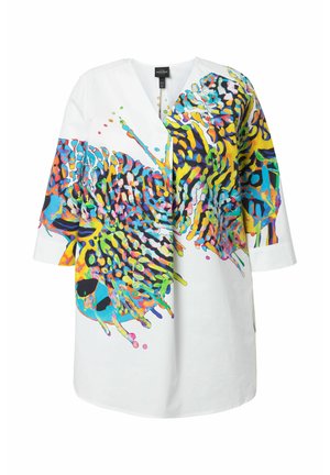 Weißes Shirt mit lebhaften, multicolor abstrakten Mustern, kurzen Ärmeln, V-Ausschnitt und lockerer Passform. Aus Baumwollstoff.
