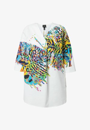 Biała koszula z jaskrawymi, wielokolorowymi abstrakcyjnymi wzorami, krótkimi rękawami, wycięciem w kształcie litery V i luźnym krojem. Materiał bawełniany.