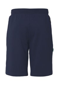 Navy blauwe katoenen shorts met een elastische tailleband, voorzien van een zijlogo label. Glad textuur, knielengte ontwerp zonder zakken.