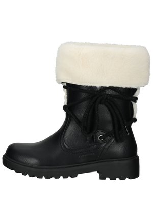 Botte d'hiver en cuir noir avec un revers en fausse fourrure blanche, design à lacets, bout rond et semelle en caoutchouc texturé pour une meilleure adhérence.