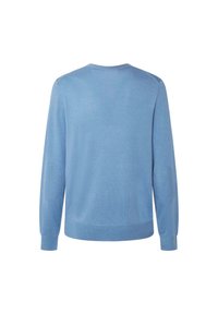 Helles blaues Strickpullover mit langen Ärmeln, einem runden Ausschnitt und strukturierten Ellbogenpatches, aus einem glatten und weichen Stoff gefertigt.